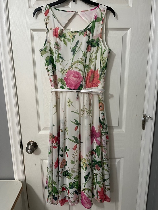 Danny & Nicole Dresses & Skirts - Danny & Nicole White Floral Midi Dress with Pink and Green Bloom Print